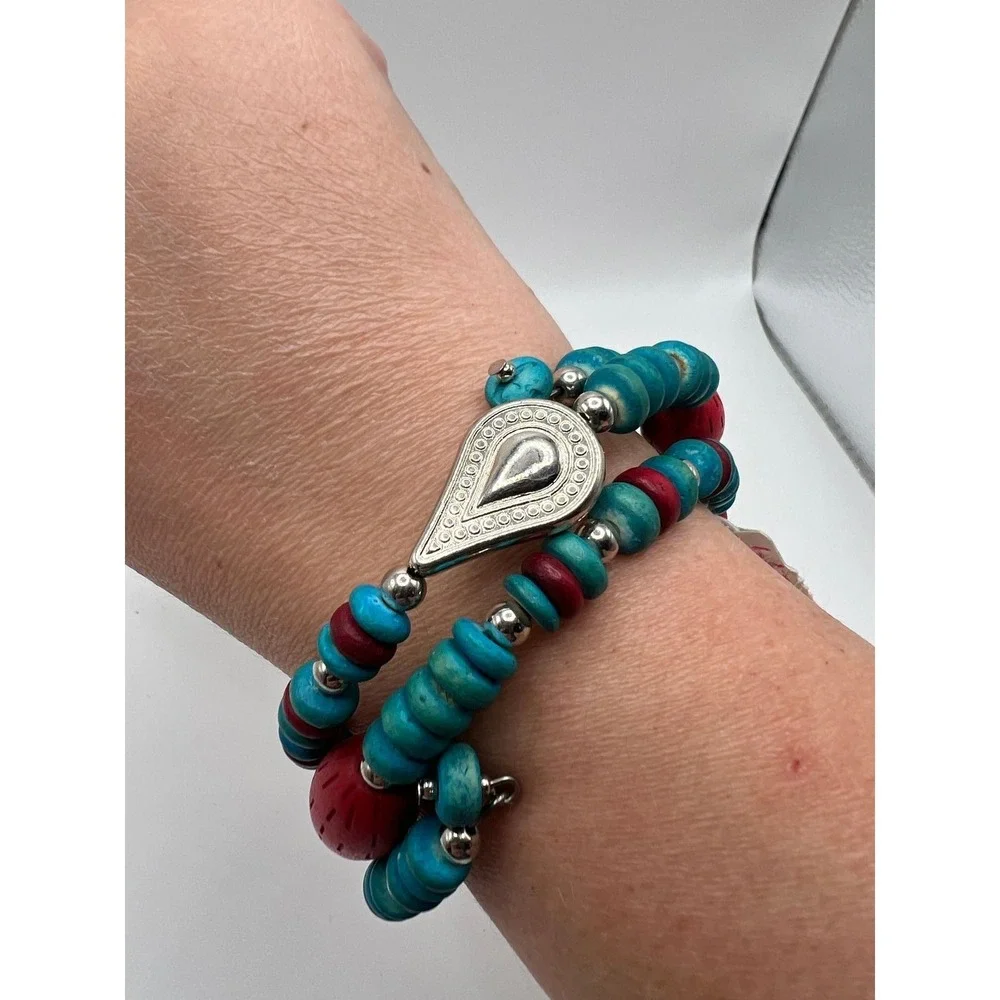 Chico's Wood Bead Wrap Bracelet Boho Coastal‎ Southwest Turquoise Red Wood OS